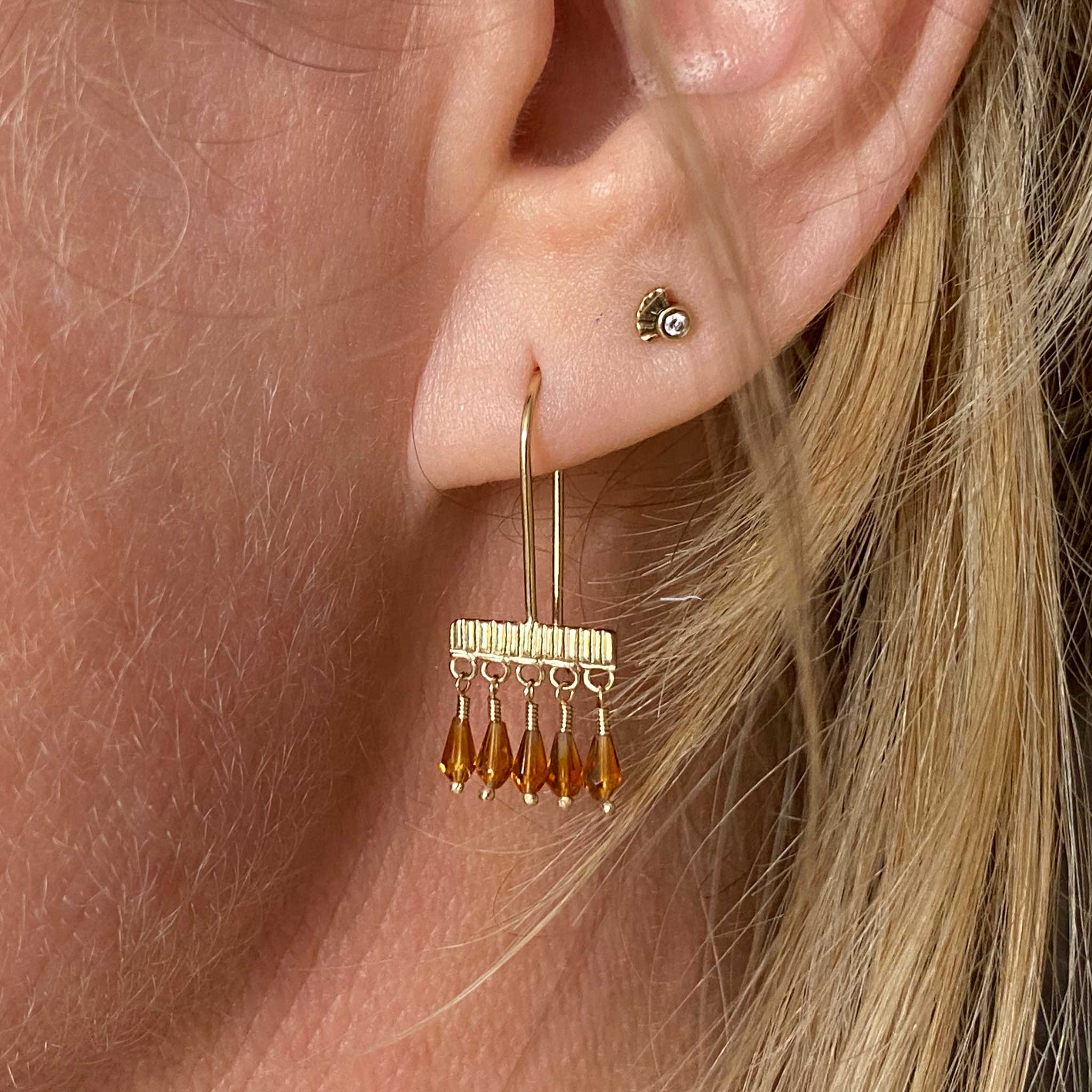 Long Line Gold Drop Earrings with Madeira Citrine